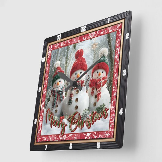 Three Snowmen Merry Christmas Quadratische Wanduhr (Winkel)