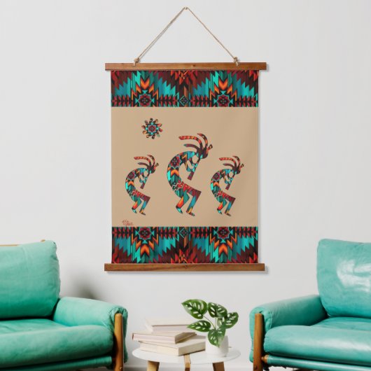 Three Southwest Kokopelli Hanging Tapestes Wandteppich Mit Holzrahmen (Wohnzimmer)