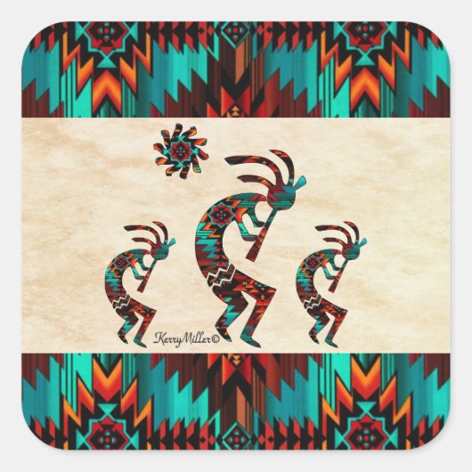 Three Southwest Kokopelli Quadratischer Aufkleber (Vorderseite)