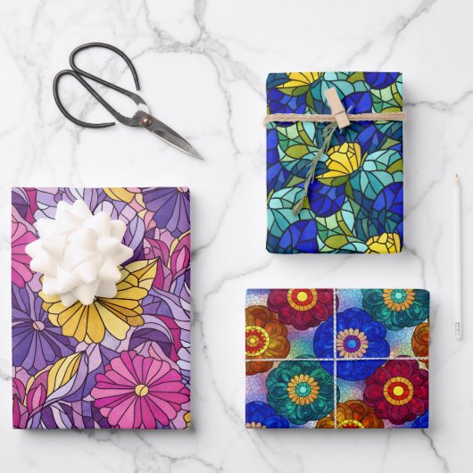 Three Stained Glass Abstract Floral Patterns Geschenkpapier Set (Vorderseite)
