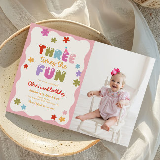Three Times The Fun Colorful 3rd Birthday Photo Einladung
