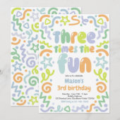 Three Times The Fun Confetti Balloon 3rd Birthday  Einladung (Vorne/Hinten)