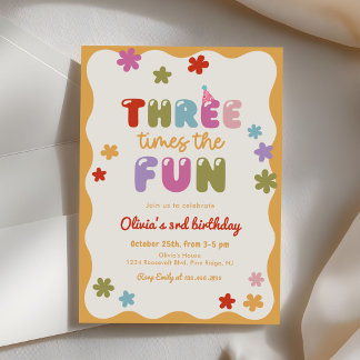 Three Times The Fun Daisy Colorful 3rd Birthday Einladung