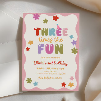 Three Times The Fun Daisy Colorful 3rd Birthday Einladung