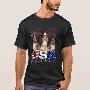 Three US Shetland Sheepdogs American Flag Hat Fir T-Shirt
