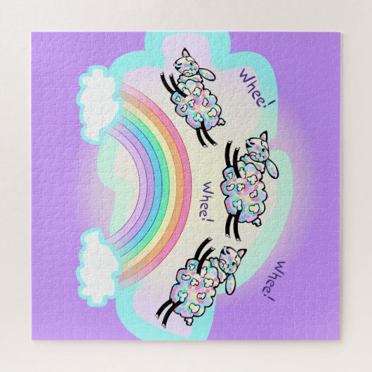 Three Wheep Jumping a Rainbow Süße Tier Art Puzzle (Horizontal)