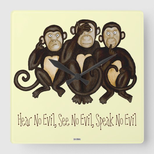Three Wise Monkeys Quadratische Wanduhr (Vorderseite)