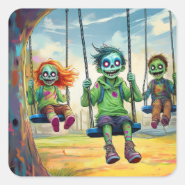 Three Zombie Kids on Swings in Fall Park Quadratischer Aufkleber