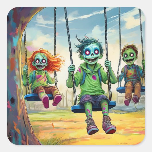 Three Zombie Kids on Swings in Fall Park Quadratischer Aufkleber (Vorderseite)