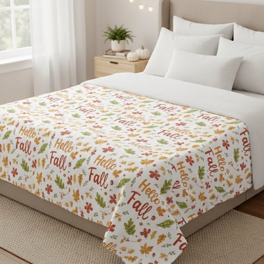 Throw Blanket with Hello Fall Pattern and Autumn Fleecedecke