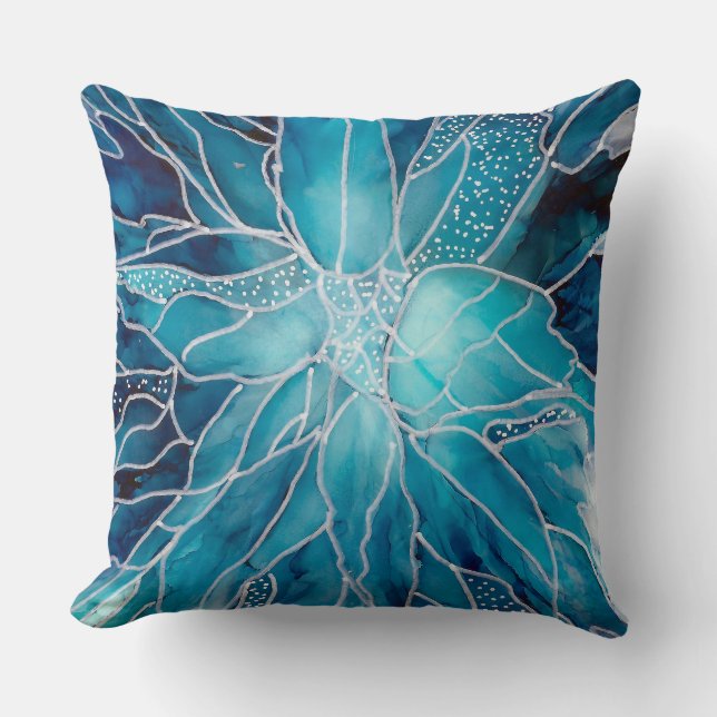 Throw Cushion -  Alcohol Ink Art Blue White Flower Kissen (Vorderseite)
