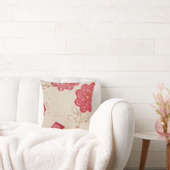 Throw Kissen Alte Creme Quilt Tatzerte rote Blume (Liege)