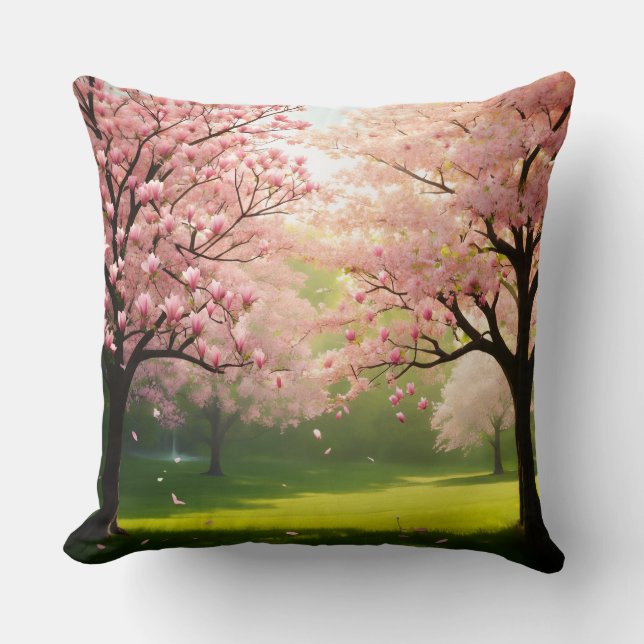 Throw Pillow Blooming Trees Over Green Fields Kissen (Vorderseite)
