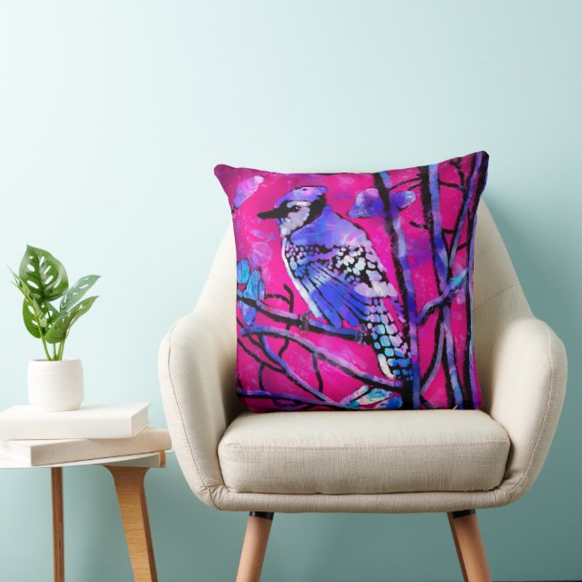 Throw Pillow Blue Jay Whimsical Abstrakt Pink Kissen (Stuhl )