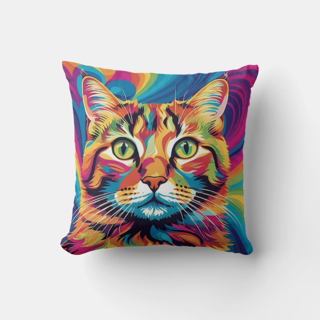 Throw Pillow Colorful Psychedelic Cat Kissen (Vorderseite)