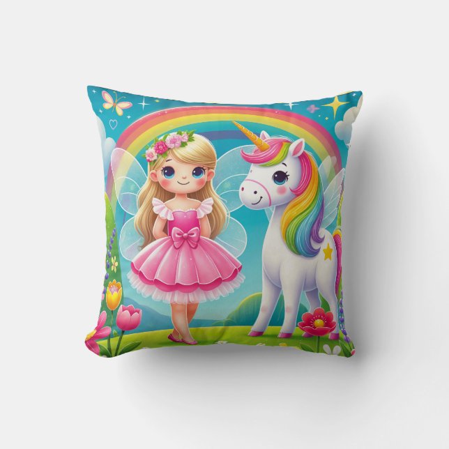 THROW PILLOW - "SMILING FAIRY with UNICORN" Kissen (Vorderseite)