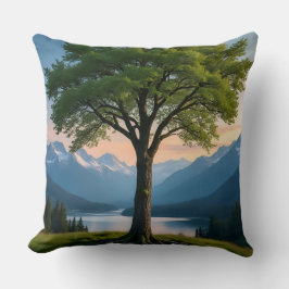 Throw Pillow Tree, Green Land, Sea, Sky & Mountain Kissen