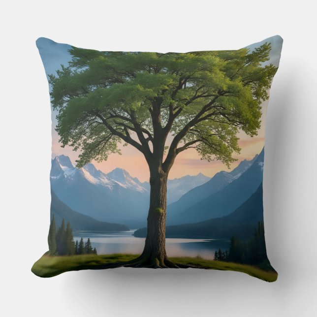 Throw Pillow Tree, Green Land, Sea, Sky & Mountain Kissen (Vorderseite)
