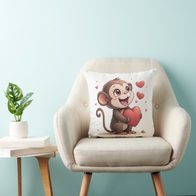 Throw Pillow Valentine's Day Monkey Red Hearts Kissen (Stuhl )