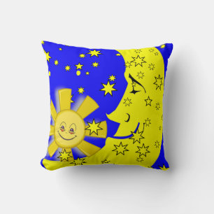 Throw Pillow Yellow Sun Moon Blue Kissen