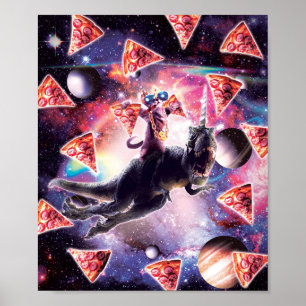 Thug Space Cat On Dinosaur Unicorn - Pizza Poster