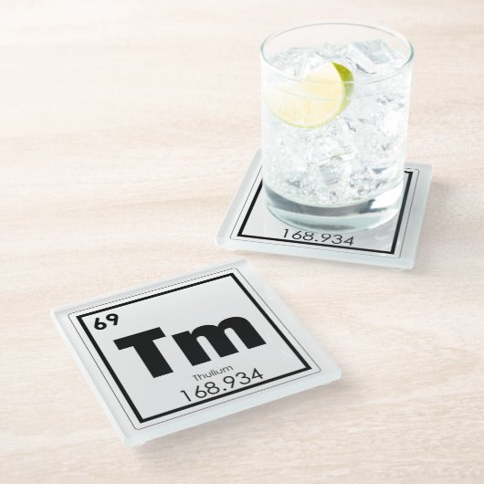 Thulium Chemielementsymbol Glasuntersetzer (Schrägansicht)