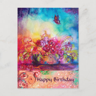 THUMBELINA, BLUME BASKET UND SCHALTFLÄCHE POSTKARTE