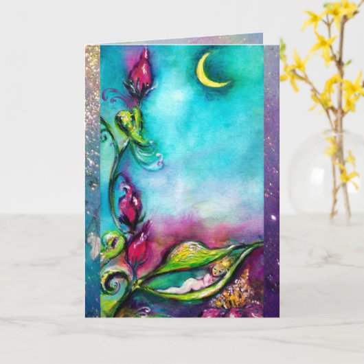 THUMBELINA SCHLAFEN ZWISCHEN BLÄTTER DER ROSE KARTE (Gelbe Blume)