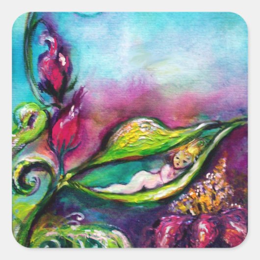 THUMBELINA SCHLAFEN ZWISCHEN BLÄTTER DER ROSE QUADRATISCHER AUFKLEBER (Vorderseite)