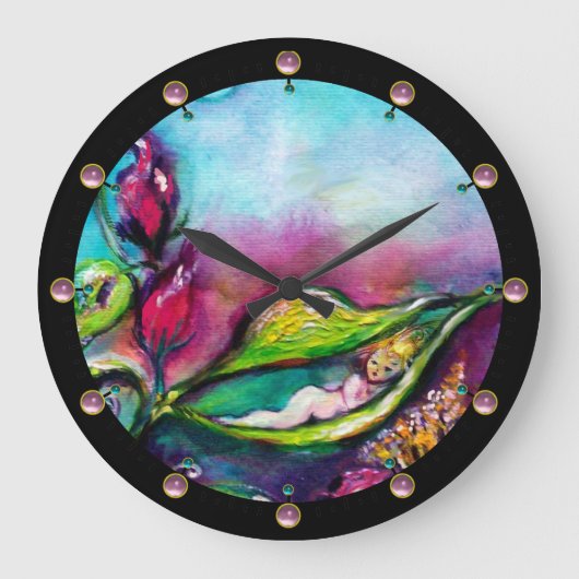 THUMBELINA SLEEPING ZWISCHEN BLÄTTER DER ROSE GROßE WANDUHR (Vorderseite)