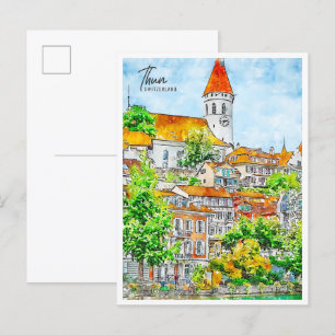 Thun Schweiz Vintage-Reise Aquarell Postkarte