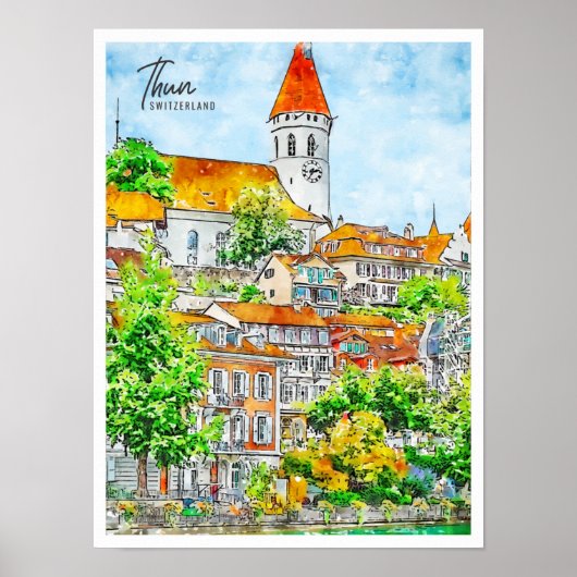 Thun Switzerland Vintage Wasserfarbe Poster (Vorne)