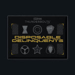 Thunderbolts* | Disposable Delinquents Button<br><div class="desc">Bring a tactical, underground vibe to your apparel and accessories with the "Disposable Delinquents" team roster. This design features a clean yet gritty arrangement of the squad's signature symbols, from Bucky’s star to Ghost’s mask. The high-contrast black, silver, and gold palette makes it a striking piece for any fan’s collection,...</div>