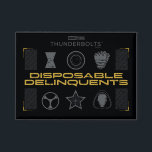 Thunderbolts* | Disposable Delinquents Button<br><div class="desc">Bring a tactical, underground vibe to your apparel and accessories with the "Disposable Delinquents" team roster. This design features a clean yet gritty arrangement of the squad's signature symbols, from Bucky’s star to Ghost’s mask. The high-contrast black, silver, and gold palette makes it a striking piece for any fan’s collection,...</div>