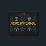 Thunderbolts* | Disposable Delinquents Leinwanddruck<br><div class="desc">Bring a tactical, underground vibe to your apparel and accessories with the "Disposable Delinquents" team roster. This design features a clean yet gritty arrangement of the squad's signature symbols, from Bucky’s star to Ghost’s mask. The high-contrast black, silver, and gold palette makes it a striking piece for any fan’s collection,...</div>