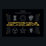 Thunderbolts* | Disposable Delinquents Poster<br><div class="desc">Bring a tactical, underground vibe to your apparel and accessories with the "Disposable Delinquents" team roster. This design features a clean yet gritty arrangement of the squad's signature symbols, from Bucky’s star to Ghost’s mask. The high-contrast black, silver, and gold palette makes it a striking piece for any fan’s collection,...</div>