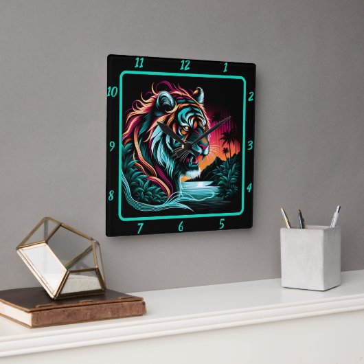 Thunderous Neon Tiger Majesty Quadratische Wanduhr (Büro)