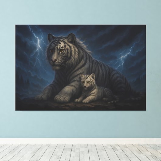 Thunderstorm Guardian White Tiger & Cub – Fantasy  Leinwanddruck (Insitu (Holzboden))