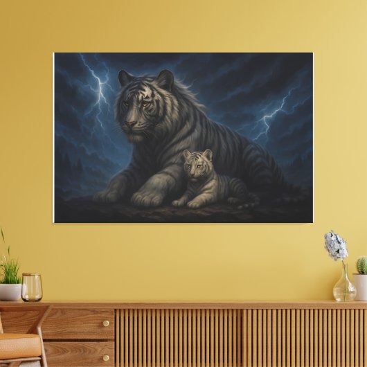 Thunderstorm Guardian White Tiger & Cub – Fantasy  Leinwanddruck (Insitu (Wohnzimmer))