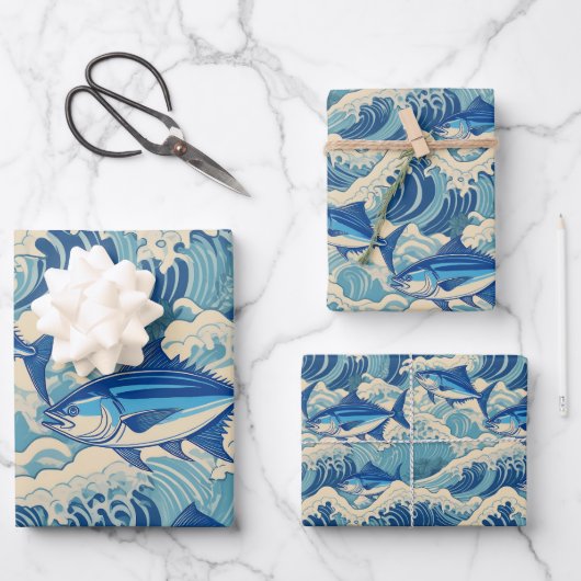 Thunfisch in Wellen - Ahi-Muster Geschenkpapier Set (Vorderseite)