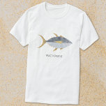 Thunfischfang Personalisiert T-Shirt<br><div class="desc">Spaß Thunfisch mit einem frechen Lächeln,  perfekt für diejenigen,  die Fisch,  Essen und Angeln mögen. Originelle Kunst von Nic Squirrell. Ändern Sie den Namen oder den Text,  um ihn zu personalisieren.</div>