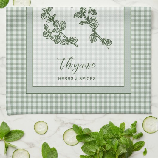 Thyme Herb Kitchen Towel – Green Gingham Border Geschirrtuch (Gefaltet)