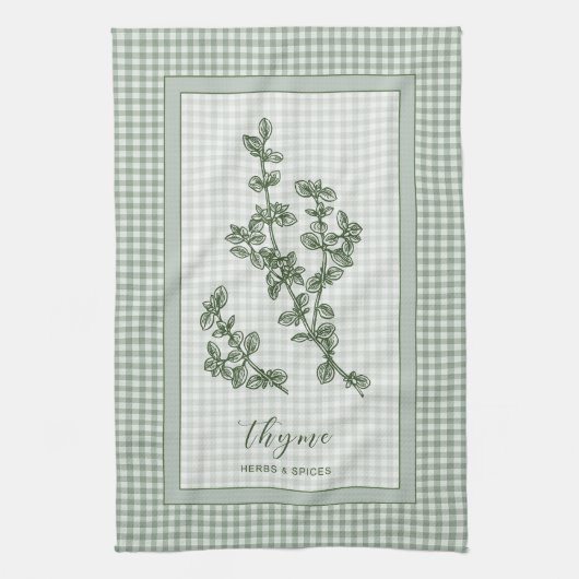 Thyme Herb Kitchen Towel – Green Gingham Border Geschirrtuch (Vertikal)