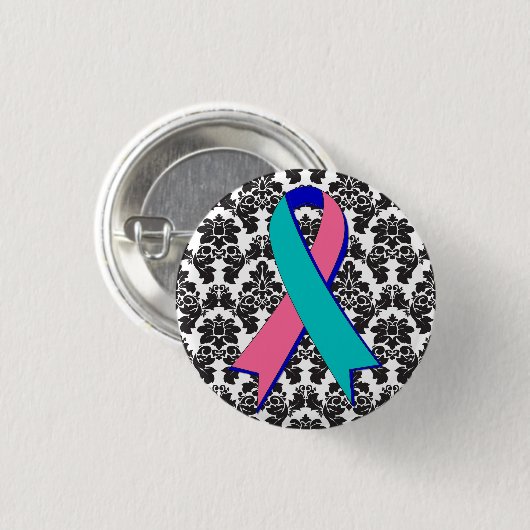Thyroid Cancer Damask Black Ribbon Button (Vorne & Hinten)