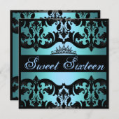 Tiara Blue Sweet16 Damask Birthday Invite Einladung (Vorne/Hinten)