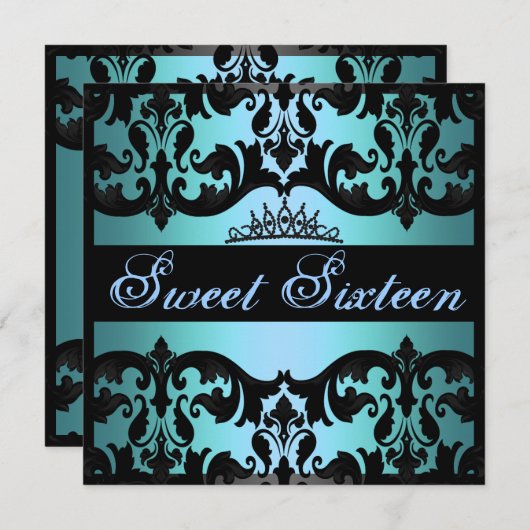 Tiara Blue Sweet16 Damask Birthday Invite Einladung (Vorne/Hinten)