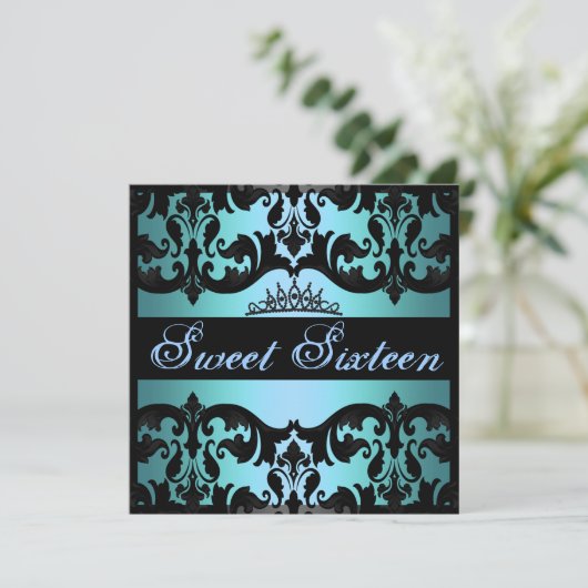 Tiara Blue Sweet16 Damask Birthday Invite Einladung (Stehend Vorderseite)