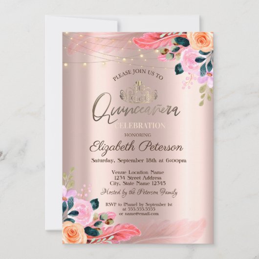 Tiara, Blume Feather Rose Gold Quinceañera Einladung (Vorderseite)