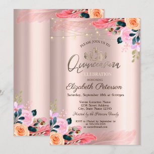Tiara, Blumen Feder Roségold Quinceañera Einladung