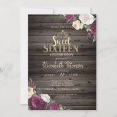Tiara, Burgund Blume Holz rustikale Süße 16 Party Einladung (Vorderseite)